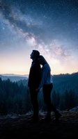 Couple gazing at starry night sky above forested mountain landscape. Man and woman silhouetted against milky way galaxy, standing on rocky cliff overlooking evergreen trees and distant peaks at dusk.