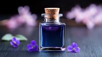 Small square glass bottle with blue liquid and cork stopper on dark surface with purple flowers, artistic macro photography for spa, wellness and aromatherapy.