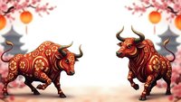 Two ornate red bulls with golden floral patterns charging toward each other under blooming cherry blossoms and traditional lanterns for lunar new year celebrations.