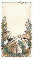 Vintage botanical frame with cute mice among oak leaves, ferns, berries and lavender, blank space for text, watercolor style illustration.