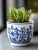 Fresh rosemary herb growing in decorative white ceramic pot with blue floral pattern design, close-up view on windowsill showing vibrant green aromatic sprigs.