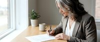 Professional mature businesswoman with gray hair writing documents at wooden desk near window in modern office setting with coffee cup and plant.