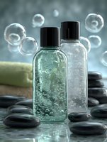 Transparent bottles with bubbles and water droplets surrounded by spa stones and towels, creating a serene wellness atmosphere.