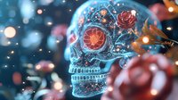 Glowing translucent crystal skull with red roses and magical sparkles on dark background with bokeh lights creates mystical gothic atmosphere.