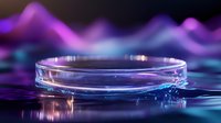 Empty glass petri dish on reflective surface with vibrant purple and blue neon lighting creating futuristic laboratory atmosphere for scientific research.