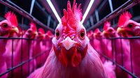 Whiteattles in cage looking directly at camera with dramatic pink lighting. Multiple chickens visible in background creating depth.