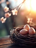 Fresh eggs in rustic woven nest against blurred spring blossom background with warm sunlight, creating cozy natural atmosphere on wooden surface.