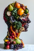 Creative profile silhouette made from fresh fruits and vegetables on white background. Concept of healthy eating, nutrition, and food consciousness.
