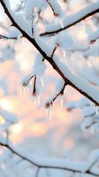 Frozen tree branches covered in snow and ice crystals with delicate icicles hanging from twigs against soft pink winter sunset light.