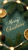 Merry Christmas gold calligraphy on green background with fir branches, pine cones, dried orange slices, and warm glowing fairy lights.