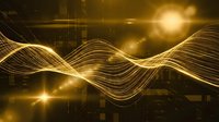 Golden flowing light waves with bright lens flares creating dynamic energy patterns on dark background for technology and digital design projects.
