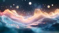 Ethereal cosmic landscape with glowing particles and luminous waves in pink and turquoise colors against dark space background creating dreamy atmosphere.