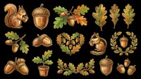 Autumn oak clipart set with squirrel, chipmunk, acorns, leaves, and heart wreath, isolated on transparent background, ready for stickers, sublimation, and t-shirt design.