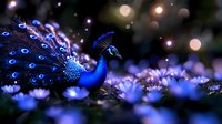 Vibrant blue peacock displaying ornate feathers among glowing purple flowers in dreamy garden setting with bokeh lights.
