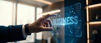 Professional businessman touching holographic business interface with glowing digital network connections in modern office environment for corporate technology presentations.