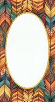Ornate feather frame with colorful hand-drawn patterns in teal, gold, and rust tones, featuring an isolated oval white space ready for text, design, or product placement on cards, invitations, and social media graphics.