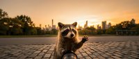Friendly raccoon waving at camera during golden hour sunset with urban city skyline in background on cobblestone surface for wildlife and nature content.