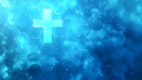 Medical cross symbol glowing on blue hexagonal digital background, representing healthcare technology, medicine, and scientific innovation for medical websites and applications.