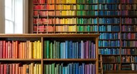 Rainbow colored books arranged by hue on wooden shelves in bright library interior with natural window light for education and reading concepts.