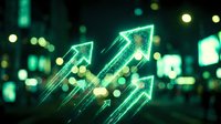 Glowing upward arrows with neon green light effects on dark blurred cityscape background, representing financial growth, stock market success, and business profit increase.