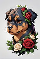 Rottweiler dog portrait decorated with red and white roses, green leaves in artistic style on light background. Isolated design for prints and merchandise.