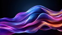 Vibrant flowing waves in neon blue, purple and orange colors create dynamic abstract background with smooth gradient transitions on black backdrop.