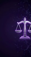 Digital justice scales with neon purple glow on dark network background for legal technology and law firm presentations.