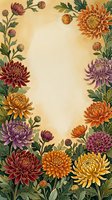 Vintage chrysanthemum floral frame with colorful autumn blooms on textured beige background for greeting cards, invitations and seasonal designs.
