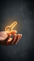 Close-up of a Caucasian male hand holding a glowing golden key neon icon against dark background, symbolizing security, access, and solutions for business concepts.
