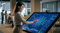 Professional businesswoman analyzing digital data visualization on interactive touchscreen display in modern corporate office environment.
