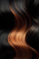 Luxurious wavy black hair with copper brown balayage highlights creating flowing curves and natural shine pattern, suitable for hair and beauty advertising.