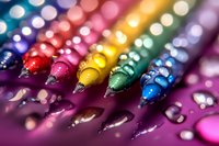 Colorful wet pencils arranged in rainbow order with water droplets creating sparkling bokeh effect on purple background.
