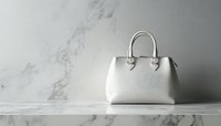 Elegant white leather handbag with silver hardware on marble surface against light marble wall background, minimalist luxury fashion composition.