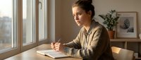 Young woman writing in notebook at home office desk by window with natural light, focused on creative work and planning tasks.