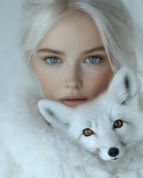 Young blonde woman with blue eyes holding white arctic fox in winter portrait for fashion and wildlife photography projects.