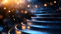 Abstract cosmic background with glowing blue light trails and golden bokeh particles creating magical space atmosphere. Suitable for technology and science designs.