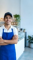 Smiling young Hispanic male barista in blue apron and cap standing with crossed arms in modern coffee shop interior with plants and display case.