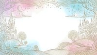 Fairy tale landscape frame with castles, trees and rolling hills in pastel rainbow colors. Hand drawn fantasy border design for storytelling and children's content.