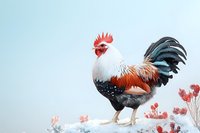 Proud rooster with white and brown feathers standing on snowy ground among red winter flowers against light blue sky background, farm animal portrait.