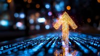 Glowing golden arrow pointing upward with sparkles against digital matrix background with blue bokeh lights, symbolizing growth and technological advancement.