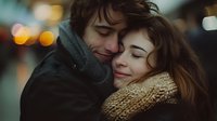 Romantic young couple sharing tender moment outdoors in winter evening, embracing with closed eyes against blurred city lights background, perfect for relationship and love concepts.