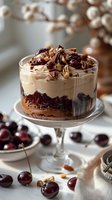 Layered chocolate trifle dessert with fresh cherries, vanilla cream, and chopped nuts served in glass bowl, garnished with dried cranberries and pecans on elegant stand.