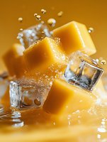 Fresh mango cubes with splashing water drops and ice cubes on yellow background, dynamic food composition with frozen motion effect.