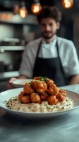 Crispy fried chicken bites served on creamy herb sauce with male chef in background. Restaurant dish presentation with warm ambient lighting and bokeh effect.
