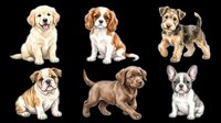 Cute dog breeds collection isolated on transparent background, featuring Labrador, Beagle, Terrier, Bulldog, Chocolate Lab and French Bulldog. Ready for t-shirt designs, stickers, clipart and print-on-demand products.