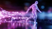 Glowing purple digital human figure composed of sparkling particles and light trails, representing technology, innovation, and transformation for digital marketing and futuristic concepts.