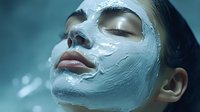 Young Asian woman with clay face mask during spa treatment, eyes closed in relaxation against turquoise background, focus on skin care and wellness routine.