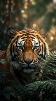 Majestic tiger with piercing blue eyes resting among ferns in tropical jungle with golden bokeh light filtering through dense forest canopy creating magical atmosphere.