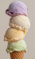 Four scoops ice cream cone with berry, vanilla, peach and pistachio flavors stacked high in waffle cone on neutral background for dessert menu design.