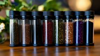 Colorful spices and seasonings in glass containers arranged in row on wooden surface, with natural light and blurred background. For cooking and food styling.